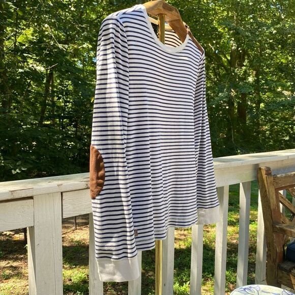 Lauren Jeans Co Navy Blue Stripe Elbow Patch Zipper Top - Picture 2 of 6